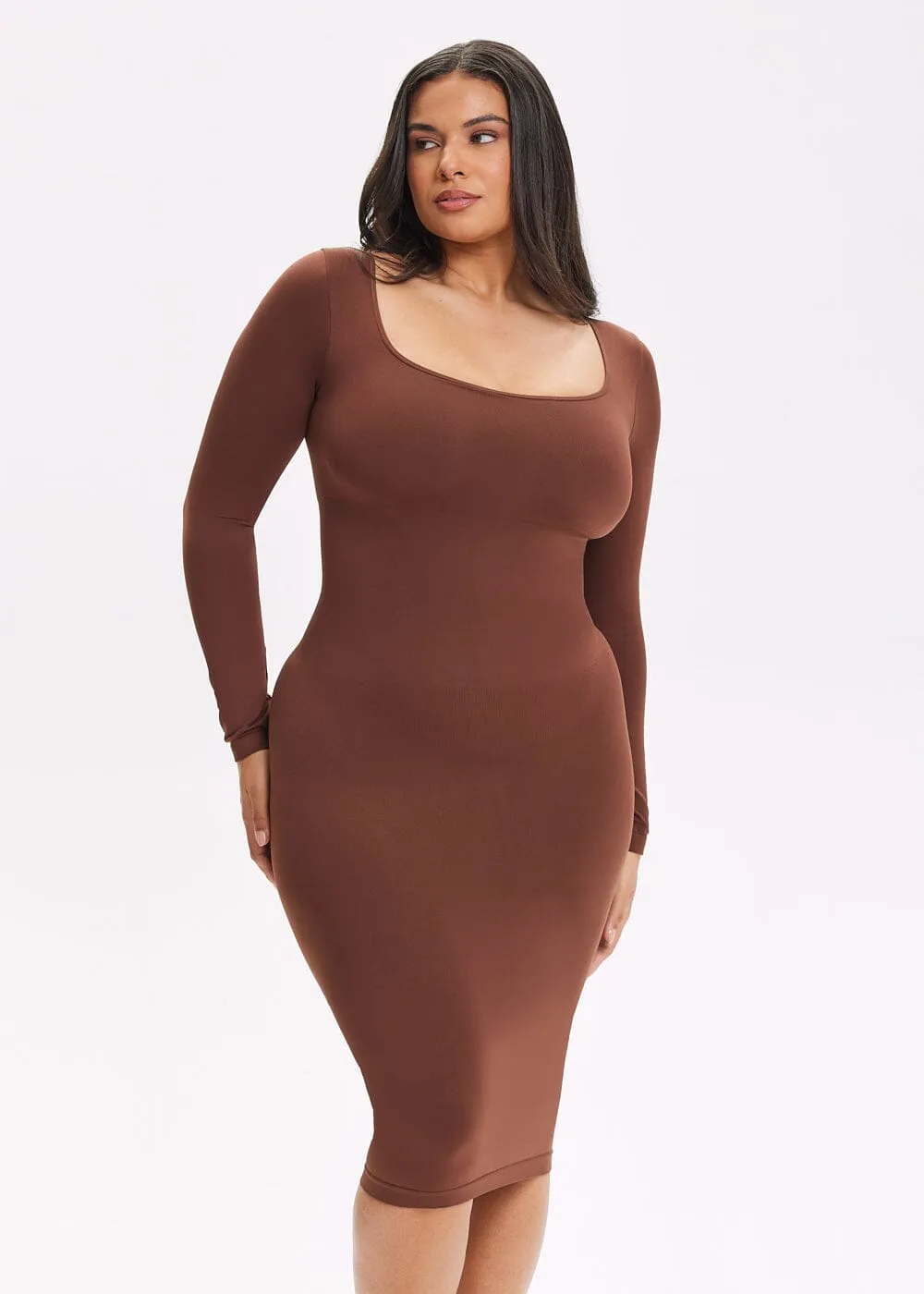 SnatchedKnit Square Neck Long Sleeve Midi Dress