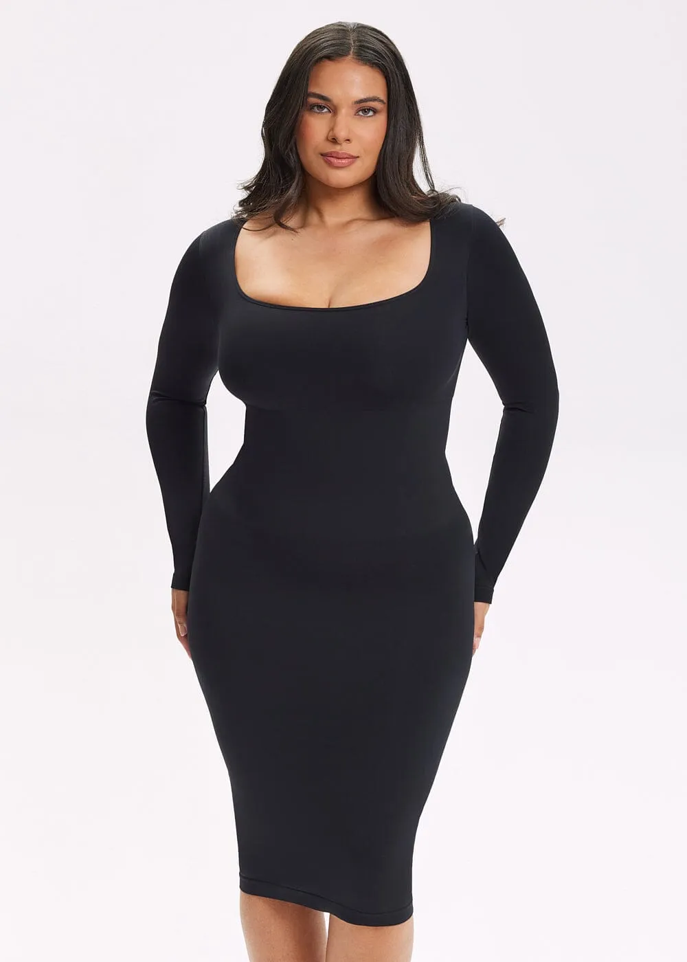 SnatchedKnit Square Neck Long Sleeve Midi Dress