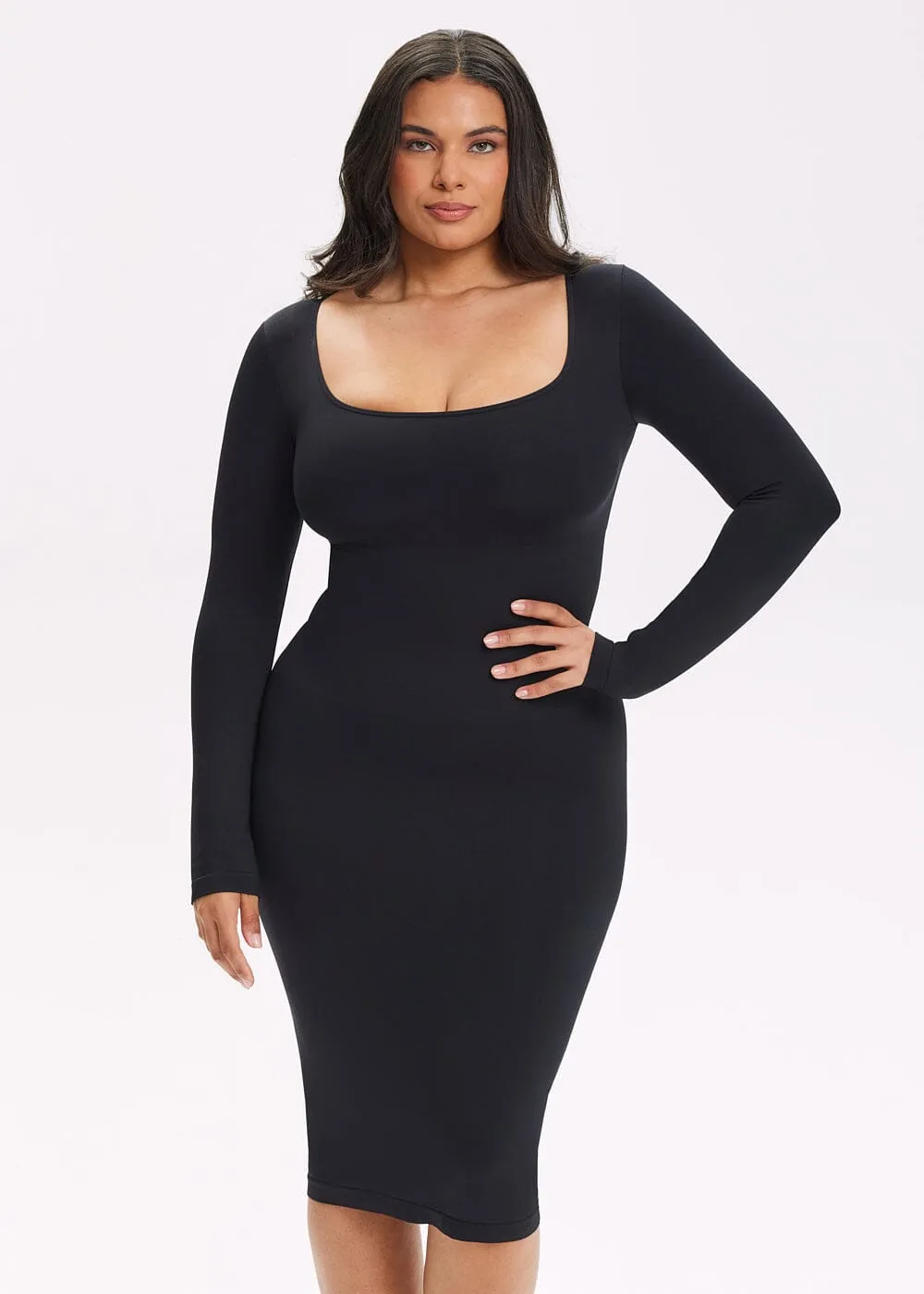 SnatchedKnit Square Neck Long Sleeve Midi Dress