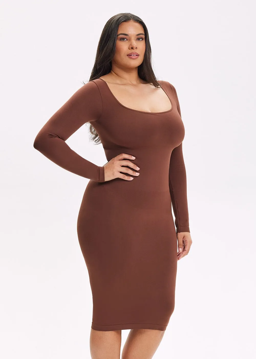 SnatchedKnit Square Neck Long Sleeve Midi Dress