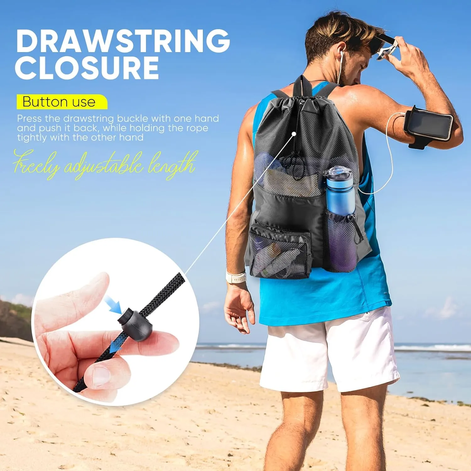 Swim Mesh Beach Bag, Waterproof Gym Bags for Women and Men, Large Pool Bag Swimming Gear Drawstring Backpack
