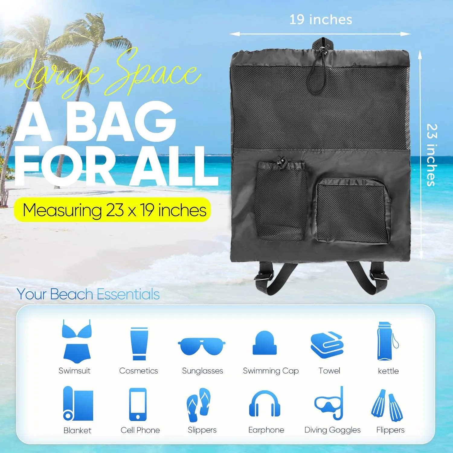 Swim Mesh Beach Bag, Waterproof Gym Bags for Women and Men, Large Pool Bag Swimming Gear Drawstring Backpack