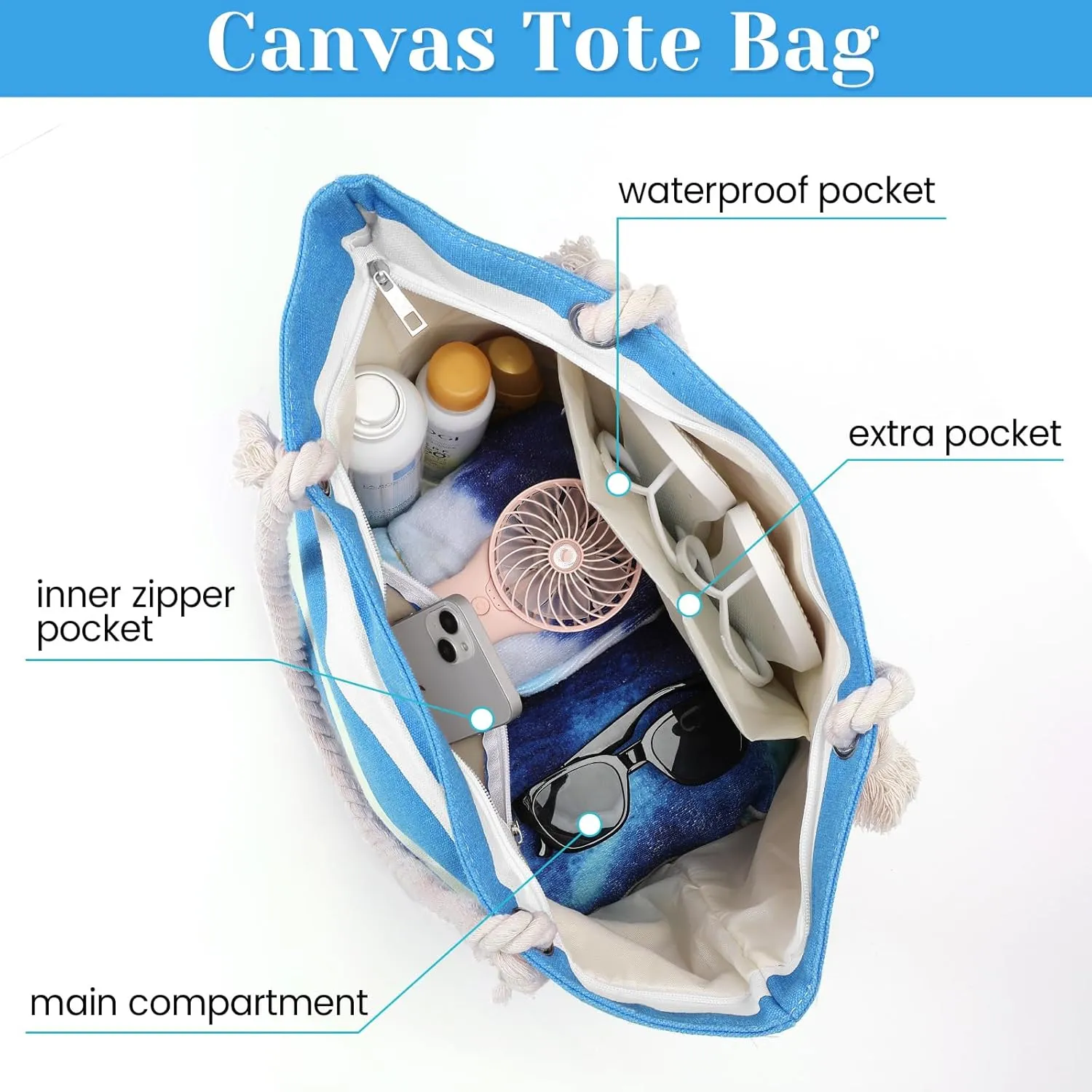 Tavaleu Beach Bags for Women, Large Beach Tote Bag Waterproof Sandproof, Swim Pool Bag with Zipper