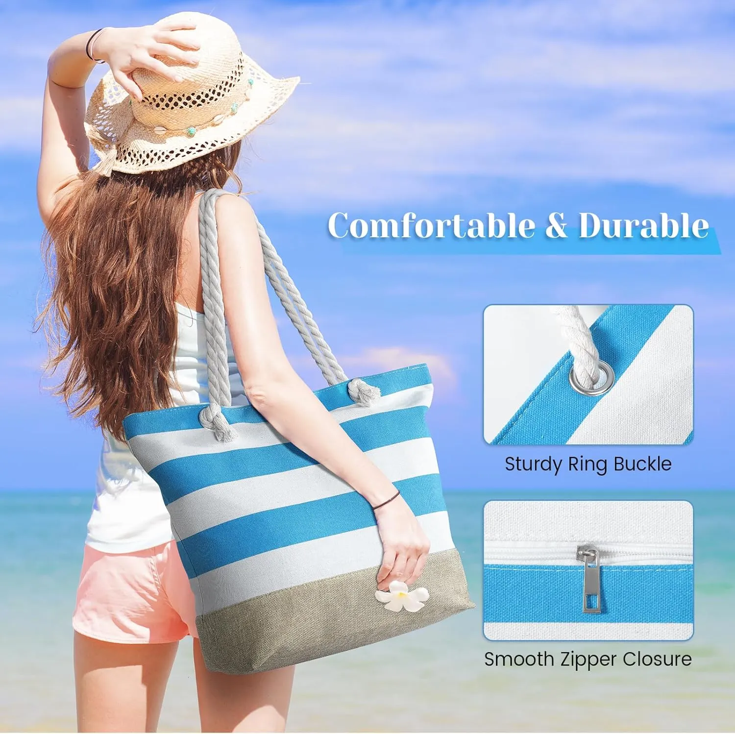 Tavaleu Beach Bags for Women, Large Beach Tote Bag Waterproof Sandproof, Swim Pool Bag with Zipper