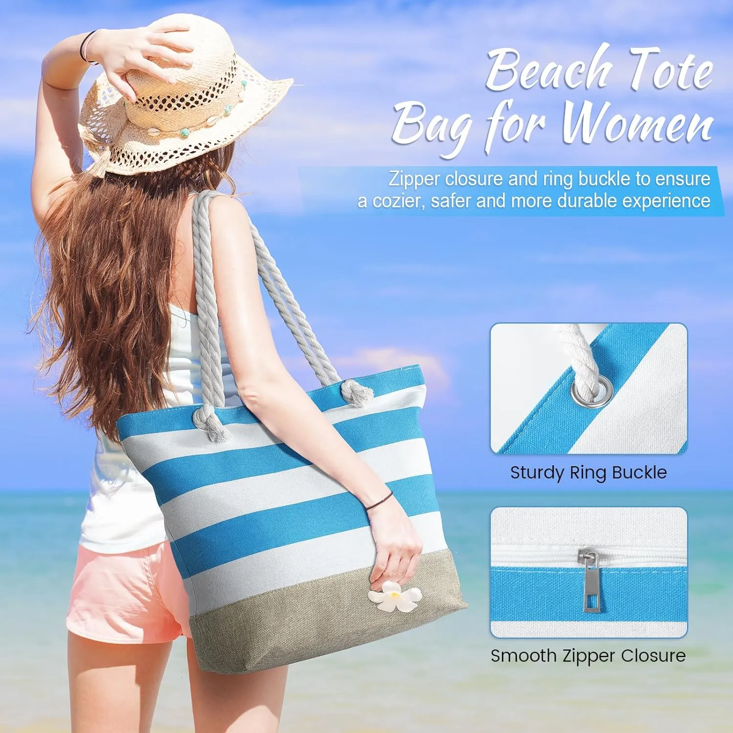 Tavaleu Beach Bags for Women, Large Beach Tote Bag Waterproof Sandproof, Swim Pool Bag with Zipper