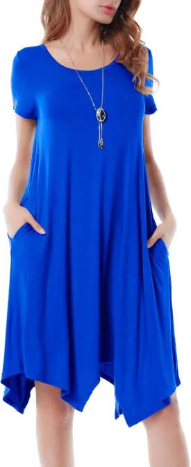 Women Casual Loose Soft Crewneck Short Sleeve Pockets Swing T-Shirt Dress