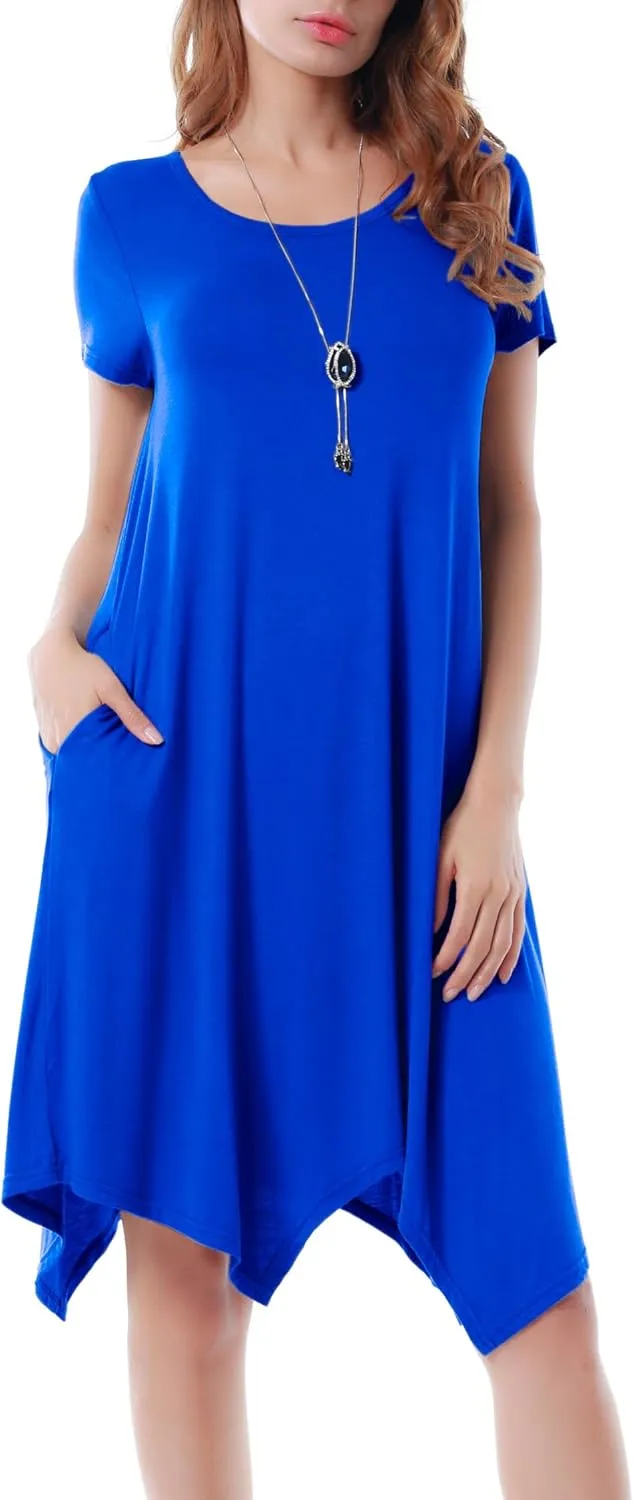 Women Casual Loose Soft Crewneck Short Sleeve Pockets Swing T-Shirt Dress