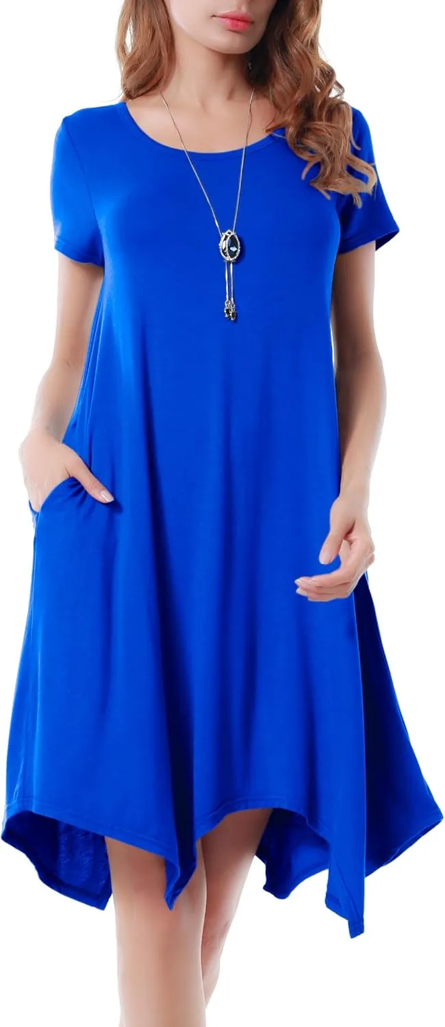 Women Casual Loose Soft Crewneck Short Sleeve Pockets Swing T-Shirt Dress