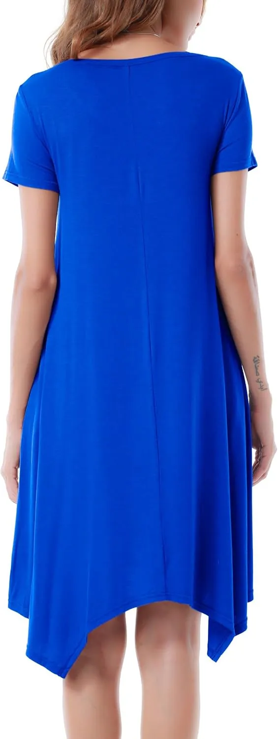 Women Casual Loose Soft Crewneck Short Sleeve Pockets Swing T-Shirt Dress