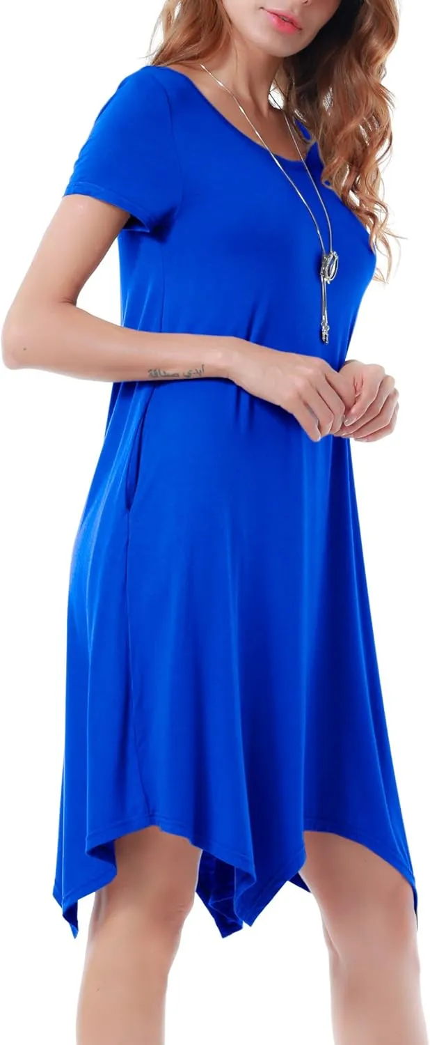 Women Casual Loose Soft Crewneck Short Sleeve Pockets Swing T-Shirt Dress