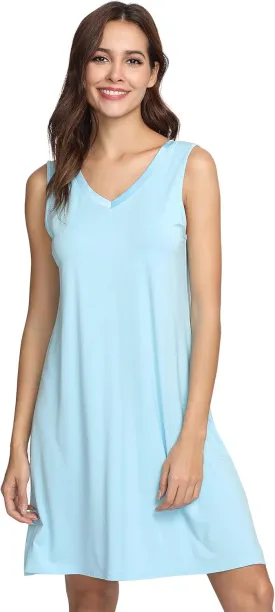 Womens Bamboo-Derived Viscose Nightgowns Soft Sleeveless V Neck Nightdress Lightweight Sleep Shirt S-4XP