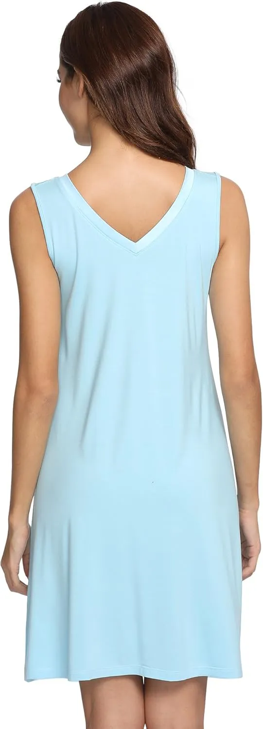 Womens Bamboo-Derived Viscose Nightgowns Soft Sleeveless V Neck Nightdress Lightweight Sleep Shirt S-4XP