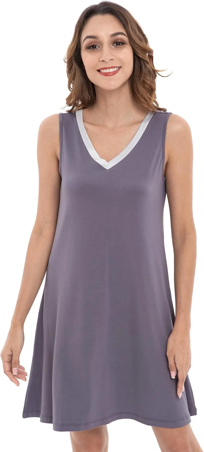 Womens Bamboo-Derived Viscose Nightgowns Soft Sleeveless V Neck Nightdress Lightweight Sleep Shirt S-4XP