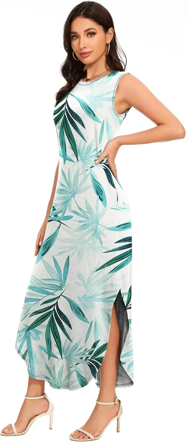 Women's Loose Sundress Long Dress Sleeveless Split Maxi Dresses 2025 Summer Beach Dress with Pockets