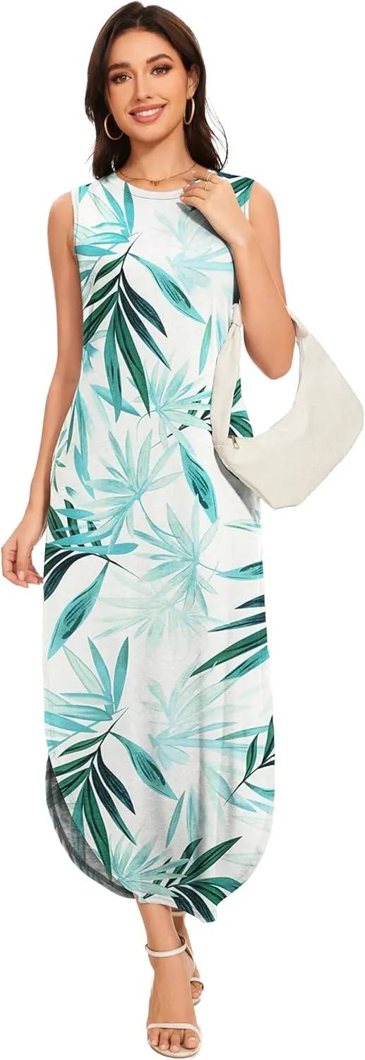 Women's Loose Sundress Long Dress Sleeveless Split Maxi Dresses 2025 Summer Beach Dress with Pockets