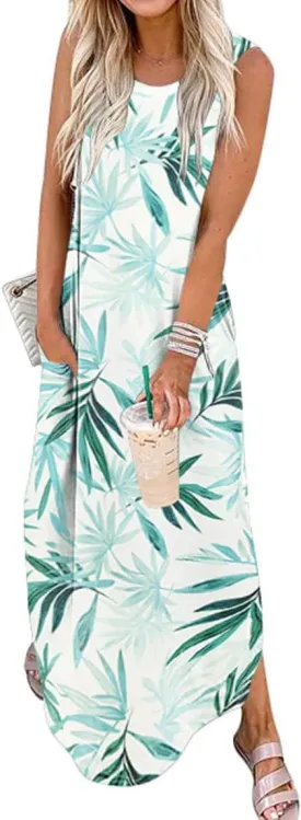 Women's Loose Sundress Long Dress Sleeveless Split Maxi Dresses 2025 Summer Beach Dress with Pockets