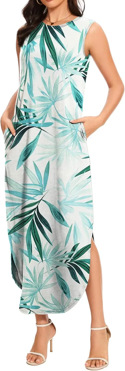 Women's Loose Sundress Long Dress Sleeveless Split Maxi Dresses 2025 Summer Beach Dress with Pockets